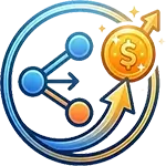 Illustration of circular arrows and connected nodes with a dollar coin, representing financial growth and currency exchange.